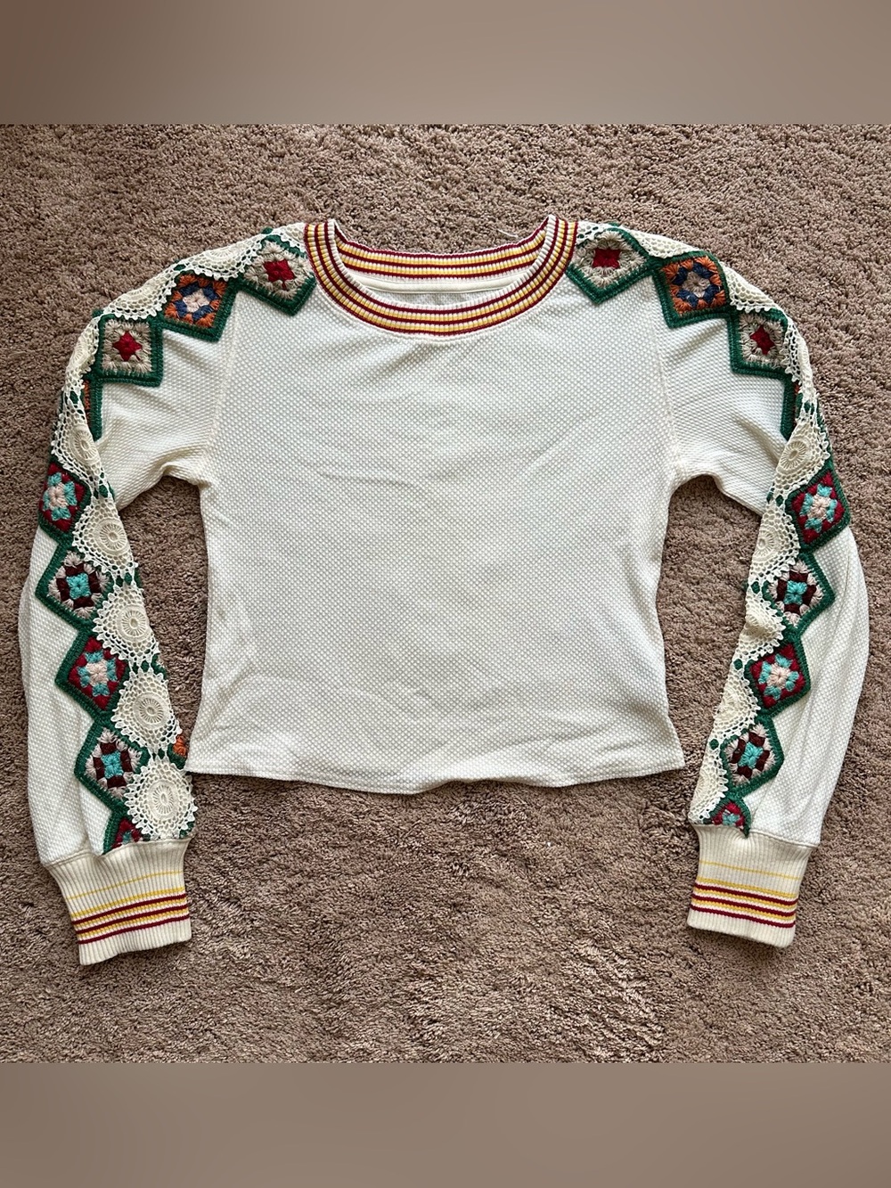 FREE PEOPLE Cream Crochet-Sleeve Thermal Top - Picture 1 of 7